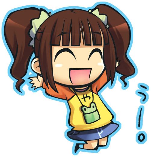 dadamdow, touma rui, takatsuki yayoi, idolmaster, idolmaster (classic), idolmaster 1, bad id, bad pixiv id, 00s, 1girl, ^ ^, brown hair, chibi, closed eyes, female focus, jumping, outstretched arms, raglan sleeves, solo, spread arms, twintails