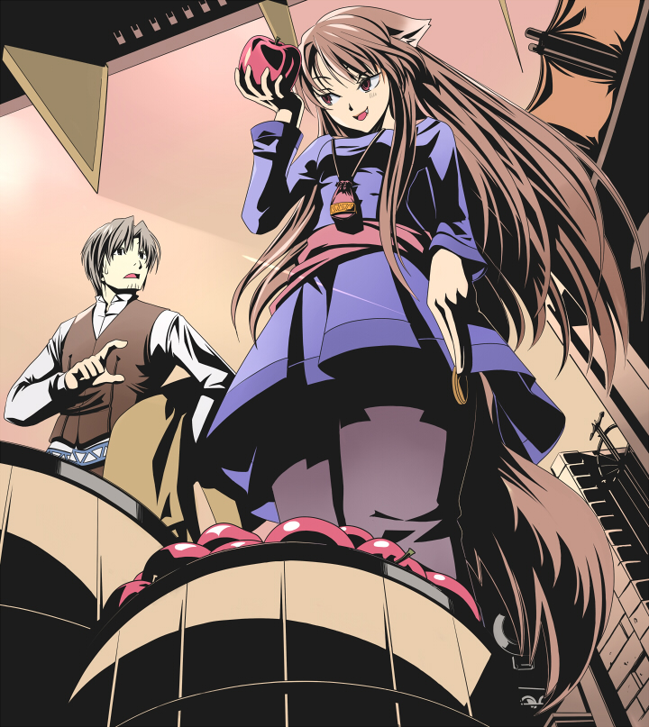 kotetsu motoya, craft lawrence, holo, spice and wolf, silver hair, 00s, 1boy, 1girl, animal ears, apple, brown hair, couple, dress, fang, food, from below, fruit, grin, hetero, high contrast, long hair, pouch, red eyes, smile, tail, wolf ears, wolf tail