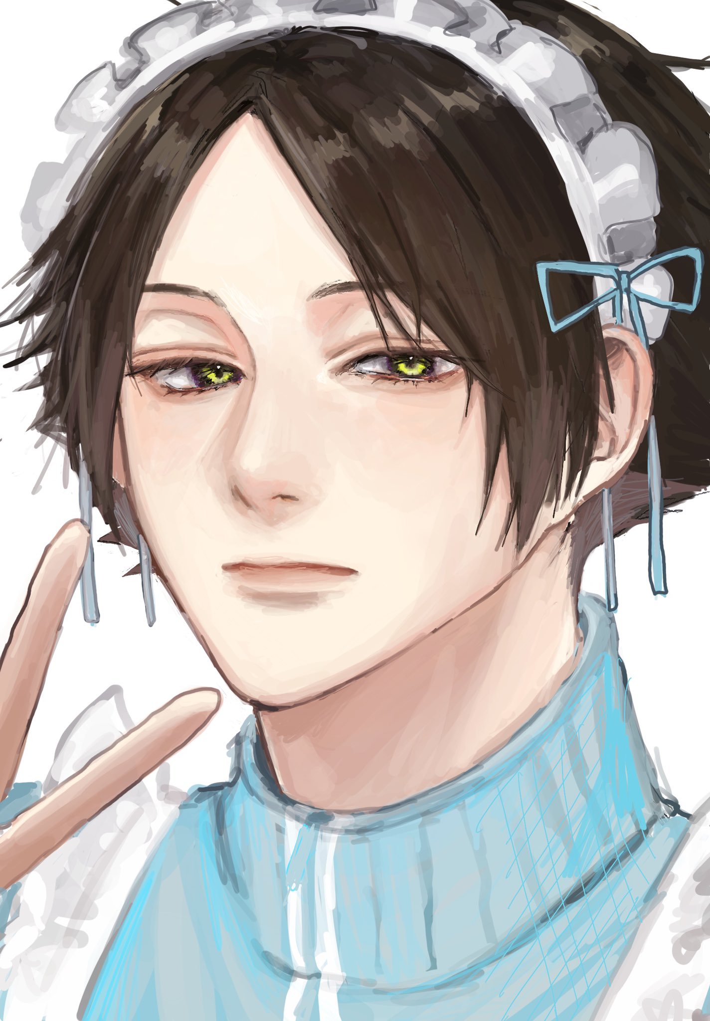 suna rintarou, haikyuu!!, commentary request, highres, 1boy, apron, closed mouth, crossdressing, crossdressing (mtf), eyelashes, green eyes, high collar, kojarinrin, lips, looking at viewer, maid, maid apron, maid headdress, male focus, male maid, nose, parted bangs, portrait, simple background, solo, v, white background, zipper pull tab