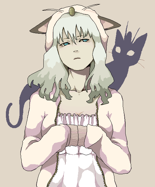 murata (bakeneko soudou), meowth, moemon, nintendo, original, pokemon, 1girl, animal ears, cat, cat ears, costume, creature and personification, female focus, gen 1 pokemon, hood, hoodie, personification, solo, zipper
