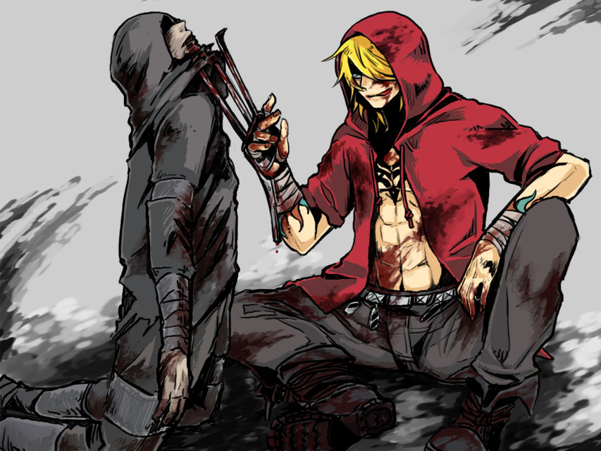 swan (doesu), gunji, hunter (left4dead), left 4 dead, left 4 dead 1, togainu no chi, 2boys, bandages, battle, belt, blonde hair, blood, boots, claws, crossover, hood, hoodie, male focus, multiple boys, tattoo, tongue, topless male, zombie
