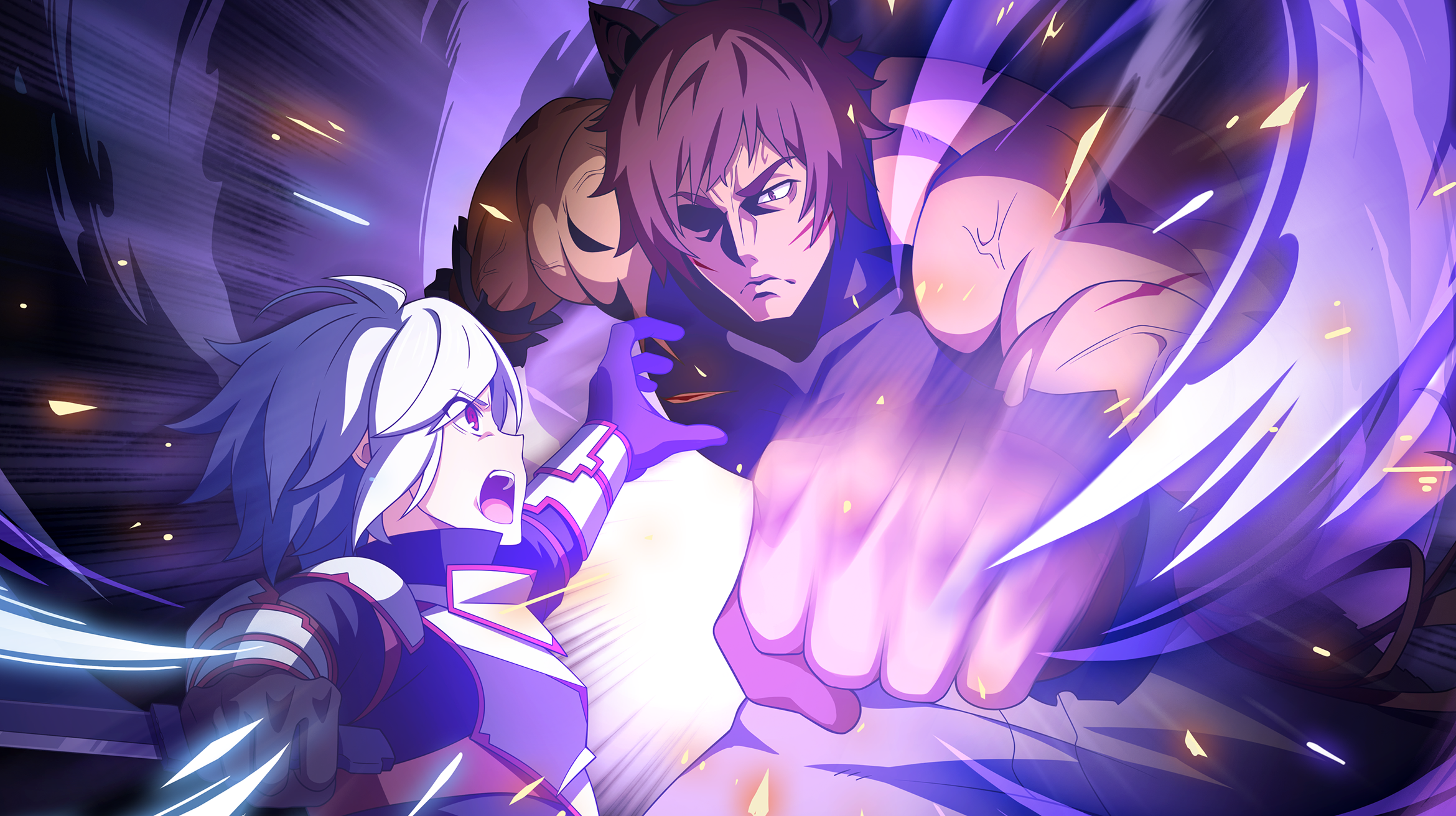 bell cranel, danmachi battle chronicle, dungeon ni deai wo motomeru no wa machigatteiru darou ka, game cg, highres, non-web source, official art, 2boys, animal ears, anime coloring, armor, black gloves, black shirt, boar boy, boar ears, breastplate, brown eyes, brown hair, clenched hand, closed mouth, cuts, fighting, frown, gloves, grey pants, holding, holding knife, injury, knife, looking at another, multiple boys, muscular, muscular male, open mouth, ottar (danmachi), pants, partially shaded face, punching, reaching, red eyes, reverse grip, shirt, short hair, sleeveless, sleeveless shirt, white hair