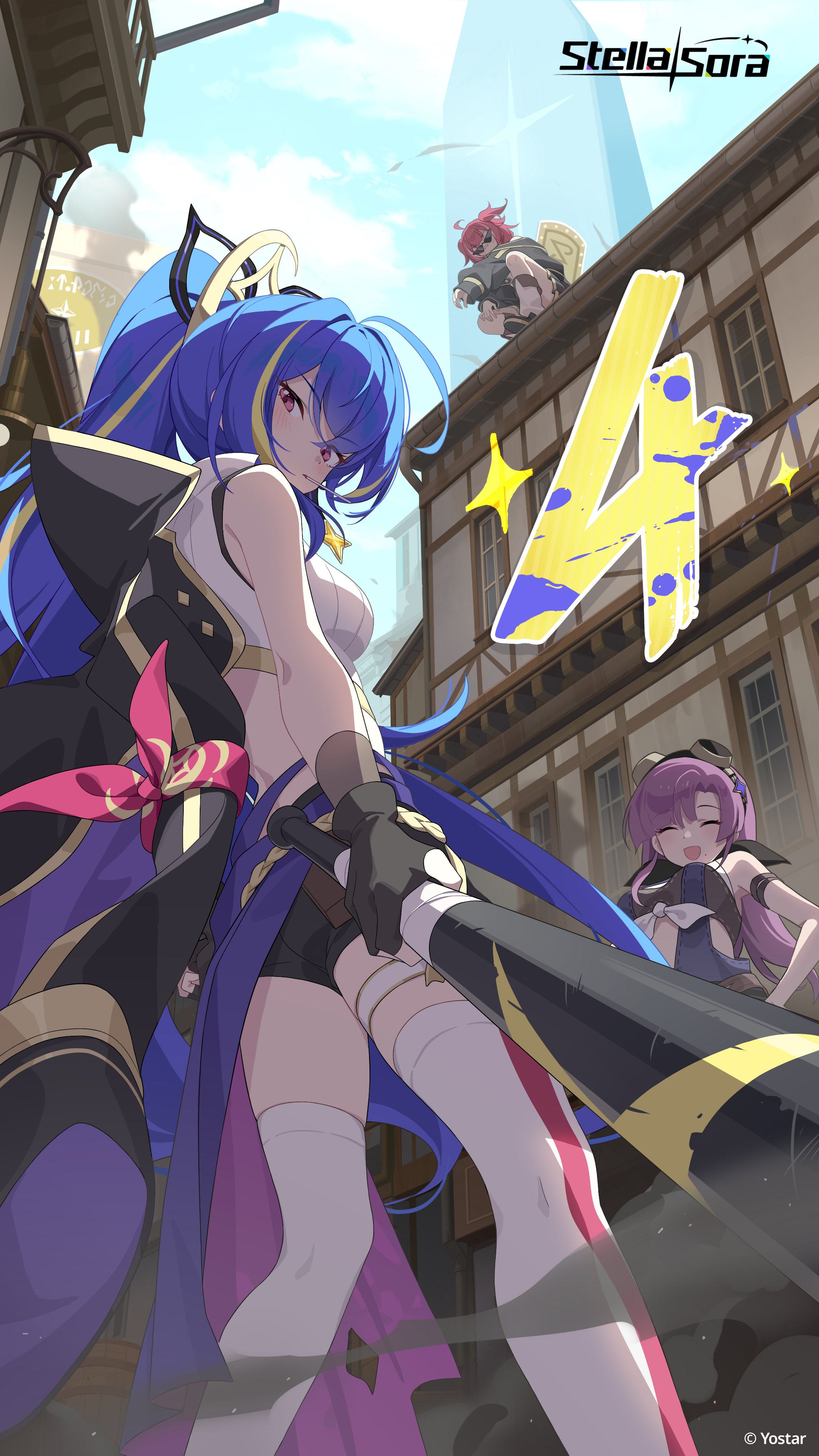 deyui, minova (stella sora), vollara (stella sora), stella sora, absurdres, artist request, check artist, commentary, english commentary, highres, official art, 3girls, bare shoulders, baseball bat, black gloves, black shorts, blonde hair, blue hair, closed eyes, facing viewer, fingerless gloves, gloves, holding, holding baseball bat, long hair, looking at viewer, mouth hold, multicolored hair, multiple girls, neuvira (stella sora), open mouth, purple hair, red hair, short shorts, shorts, smile, streaked hair, thighhighs, white thighhighs