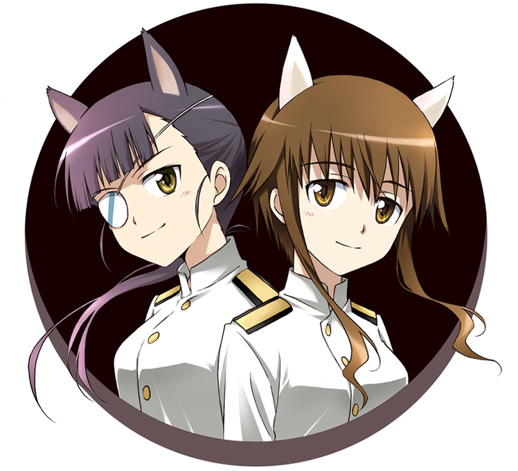 agahari, sakamoto mio, takei junko, strike witches, strike witches: kurenai no majo-tachi, world witches series, 00s, 2girls, animal ears, black hair, brown eyes, brown hair, cat ears, eyepatch, long hair, military, military uniform, multiple girls, short hair, smile, yellow eyes