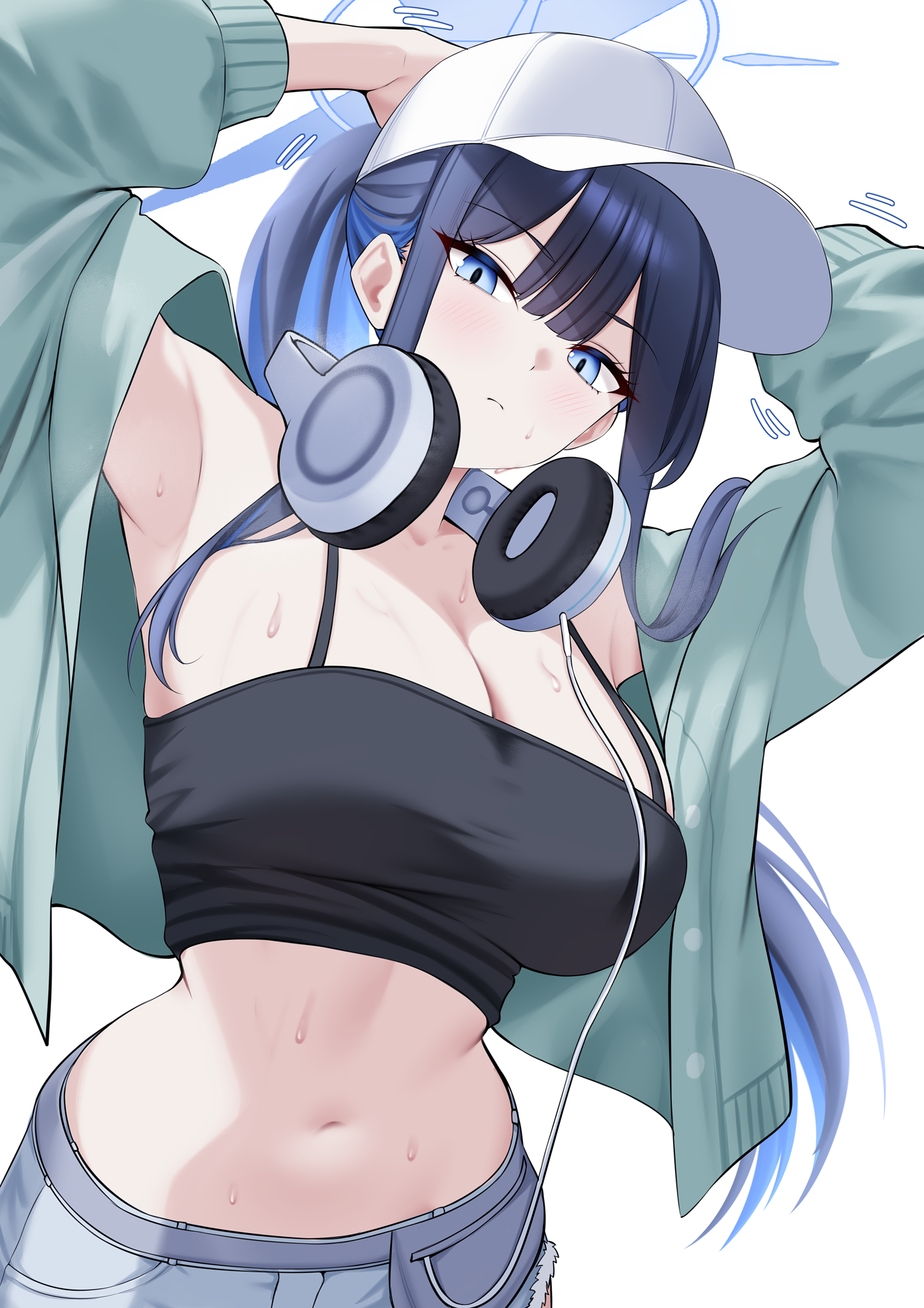 espada gcon, saori (blue archive), saori (swimsuit) (blue archive), blue archive, highres, 1girl, aqua jacket, armpits, arms up, baseball cap, black camisole, black hair, blue eyes, blue hair, blue halo, blush, breasts, cable, camisole, cleavage, closed mouth, colored inner hair, denim, denim shorts, grey shorts, halo, hat, headphones, headphones around neck, jacket, large breasts, long hair, looking at viewer, midriff, multicolored hair, navel, official alternate costume, open clothes, open jacket, shorts, simple background, solo, sweat, white background, white hat