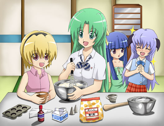 furude rika, hanyuu, houjou satoko, sonozaki shion, higurashi no naku koro ni, non-web source, 00s, cooking, horns, sparkle