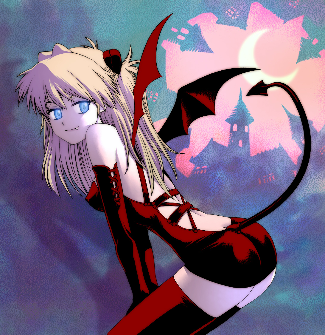 kikumaru bunta, souryuu asuka langley, neon genesis evangelion, stand, 1girl, alternate costume, ass, back, bat wings, bent over, blonde hair, blue eyes, breasts, covered erect nipples, cowboy shot, demon, demon girl, demon tail, demon wings, dress, elbow gloves, fang, fang out, female focus, from side, gloves, long hair, looking at viewer, moon, pale skin, red dress, red gloves, red thighhighs, short dress, sideboob, sky, solo, tail, tail hole, thighhighs, white hair, wings