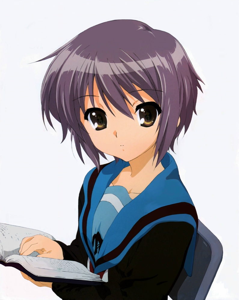 nagato yuki, suzumiya haruhi no yuuutsu, silver hair, non-web source, 00s, book, brown eyes, cardigan, school uniform, short hair