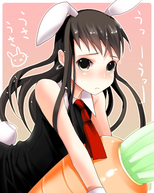 saikawa yusa, koga norio, narutaru, translation request, 1boy, animal ears, black hair, carrot, crossdressing, crossdressing (mtf), earrings, fake animal ears, jewelry, long hair, male focus, male playboy bunny, necktie, playboy bunny, rabbit ears, solo, square-end necktie, trap