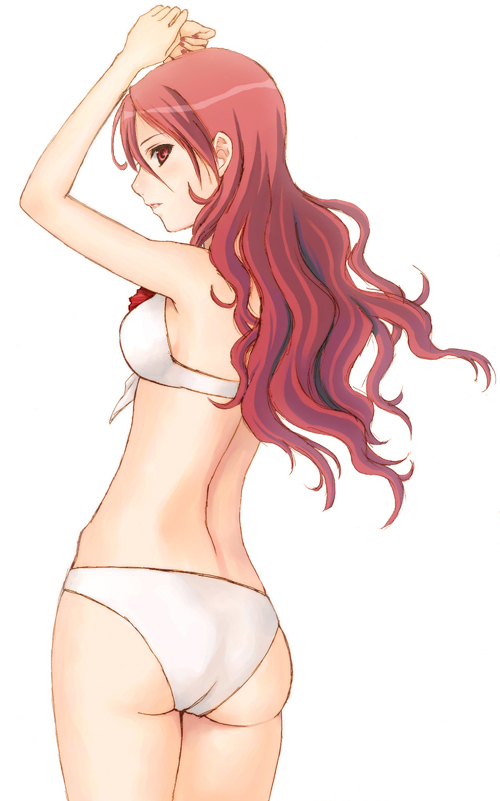 seiru (prairie), kirijou mitsuru, atlus, persona, persona 3, 1girl, arms up, ass, bikini, blush, breasts, female focus, long hair, looking back, medium breasts, open mouth, red eyes, red hair, sideboob, solo, swimsuit, white bikini