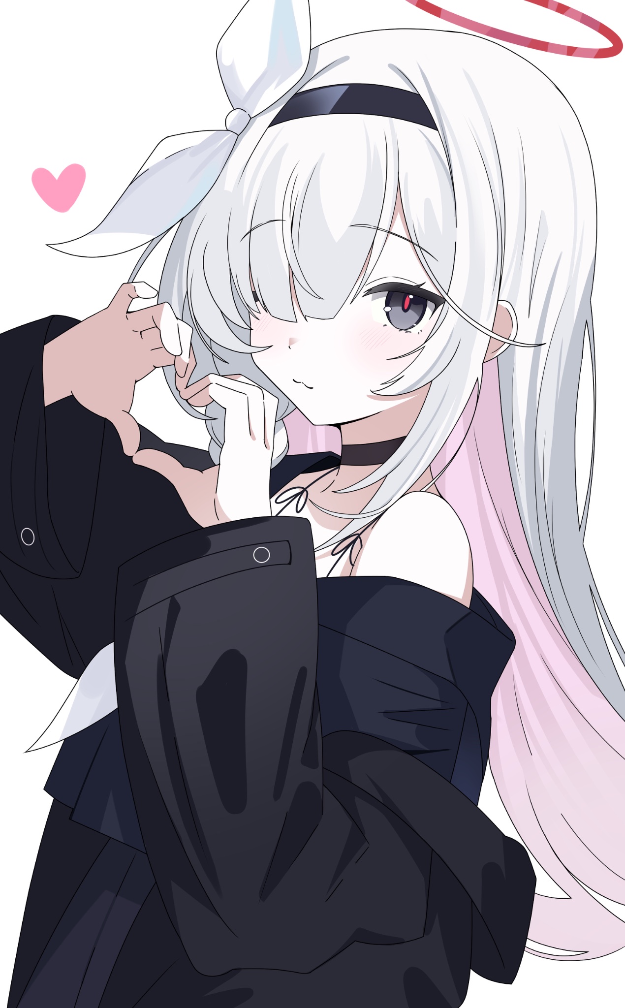 kanimiso30601, plana (blue archive), blue archive, highres, 1girl, :3, arm up, arms up, bare shoulders, black choker, black coat, black hairband, black serafuku, black skirt, bow, choker, coat, colored inner hair, dot nose, facing to the side, grey eyes, hair over eyes, hairband, halo, heart, heart hands, light blush, long sleeves, looking at viewer, multicolored hair, neckerchief, pink hair, pleated skirt, red halo, red pupils, school uniform, serafuku, sidelocks, simple background, single off shoulder, skirt, solo, spoken heart, string, undressing, white background, white bow, white hair, white neckerchief
