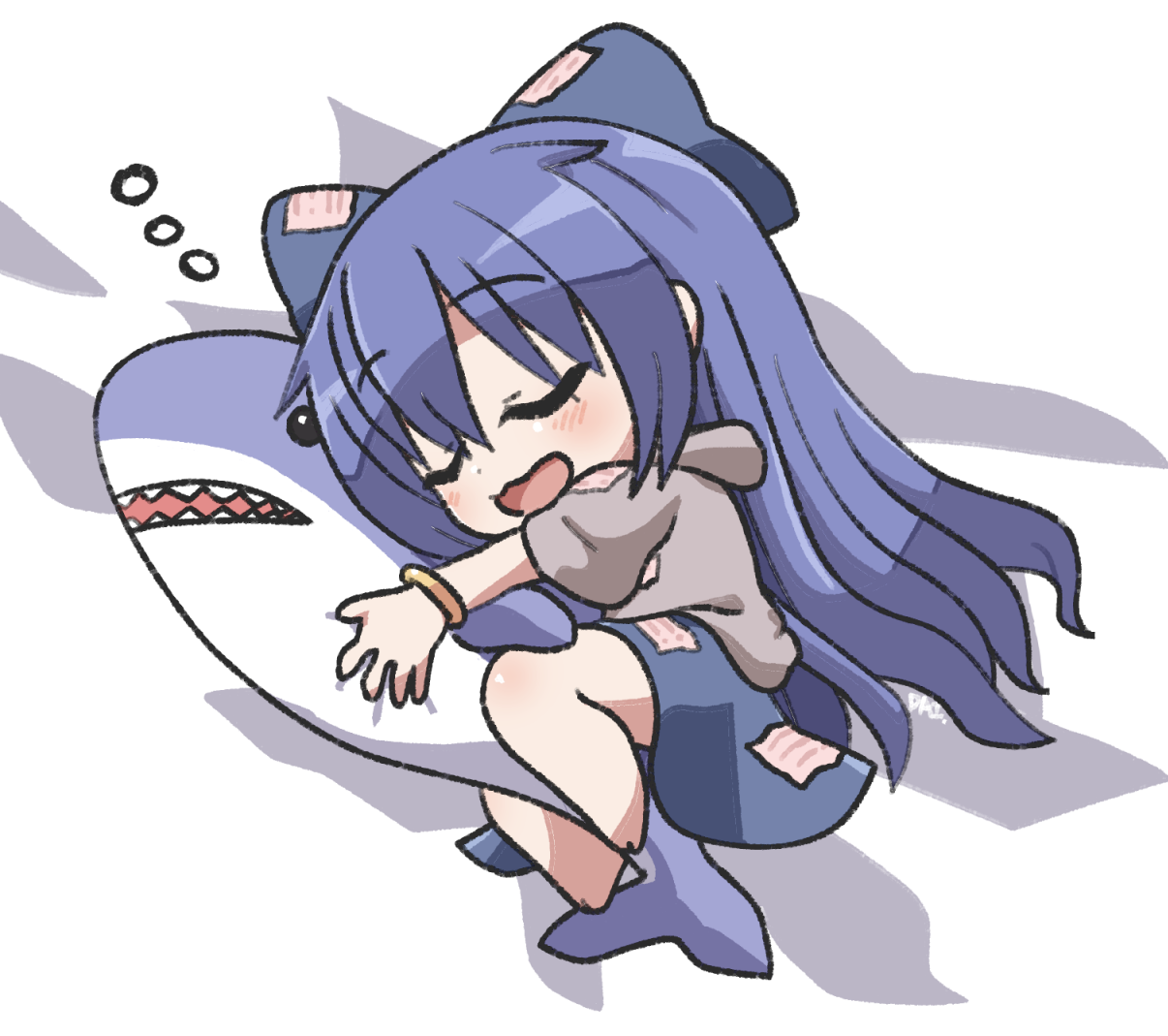 rokugou daisuke, yorigami shion, touhou, commentary request, 1girl, :3, :d, bangle, barefoot, blue bow, blue eyes, blue hair, blue skirt, blush, bow, bracelet, chibi, chibi only, closed eyes, full body, grey hoodie, hair bow, hood, hood down, hoodie, hugging object, jewelry, long hair, lying, on bed, on side, open mouth, short sleeves, signature, skirt, sleeping, smile, solo, squeans, stuffed animal, stuffed shark, stuffed toy, very long hair