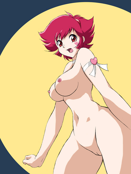 cutie honey (character), kisaragi honey, cutie honey, re: cutie honey, 00s, 1girl, armband, breasts, choker, cowboy shot, female focus, hairband, heart, magical girl, nipples, nude, open mouth, pussy, red eyes, red hair, short hair, solo, tattoo, uncensored
