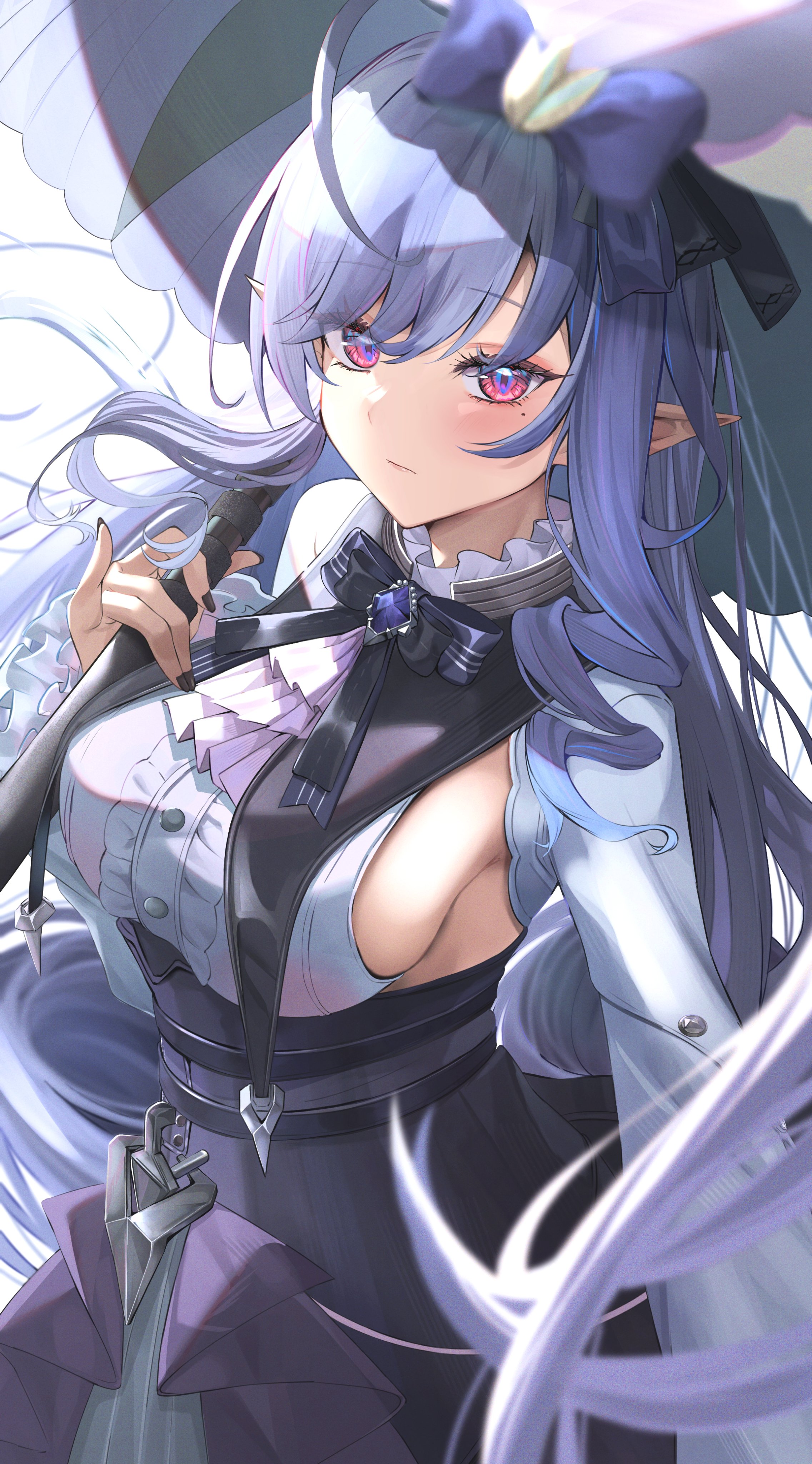 toratora (nanahaba), vivian banshee, zenless zone zero, absurdres, commentary, highres, 1girl, black nails, black skirt, blush, bow, bowtie, breasts, center frills, closed mouth, cowboy shot, fingernails, frills, hair bow, high-waist skirt, holding, holding umbrella, large breasts, long hair, looking at viewer, nail polish, pointy ears, purple bow, purple bowtie, purple hair, red eyes, school uniform, shrug (clothing), sidelocks, skirt, solo, suimei academy school uniform, umbrella, very long hair, white background, white shrug