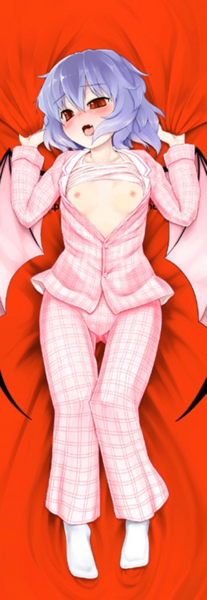 yassy, remilia scarlet, touhou, 1girl, barefoot, bat wings, blue hair, blush, breasts, clothes lift, fang, female focus, flat chest, loli, lying, nipples, open clothes, open shirt, pajamas, red eyes, shirt, shirt lift, socks, solo, vampire, wings