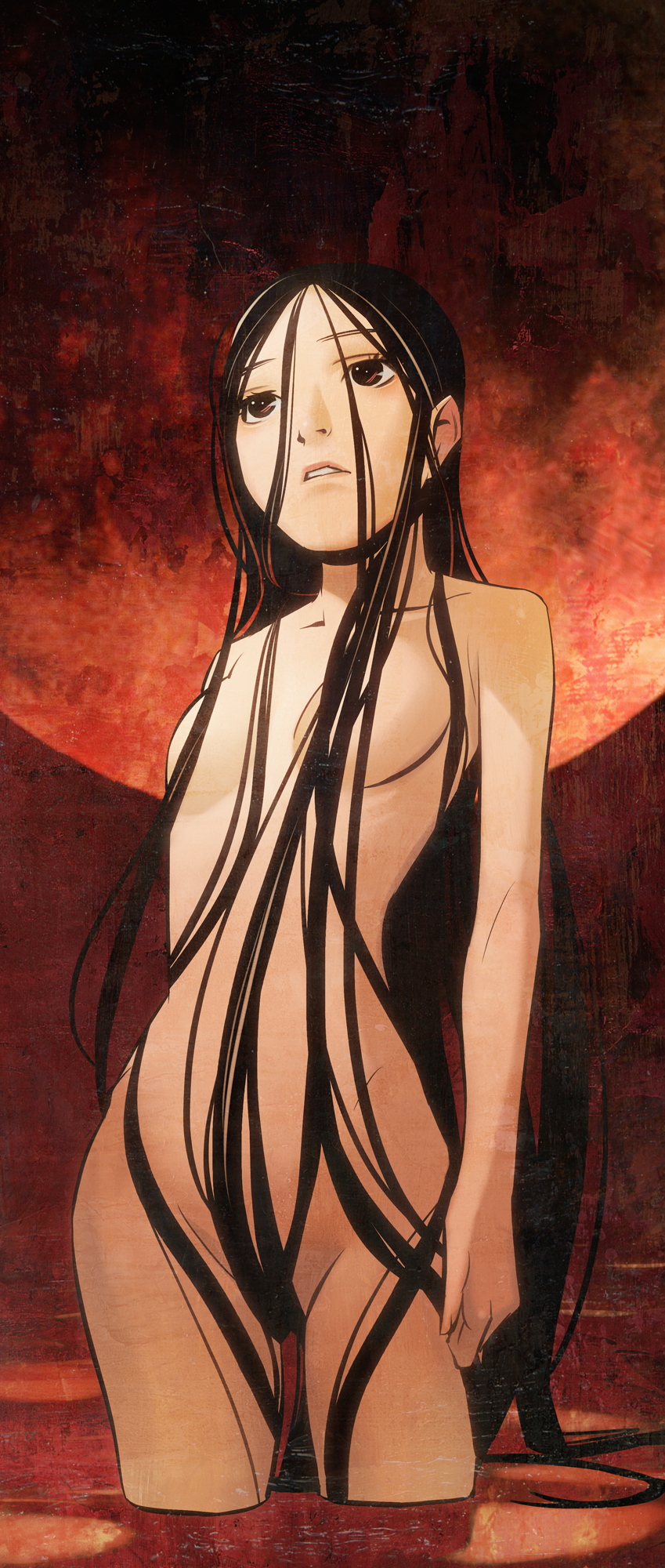 xr650r, original, bad id, bad pixiv id, highres, 1girl, black hair, breasts, brown eyes, censored, convenient censoring, female focus, hair censor, hair over breasts, long hair, medium breasts, moon, nude, solo, thighhighs