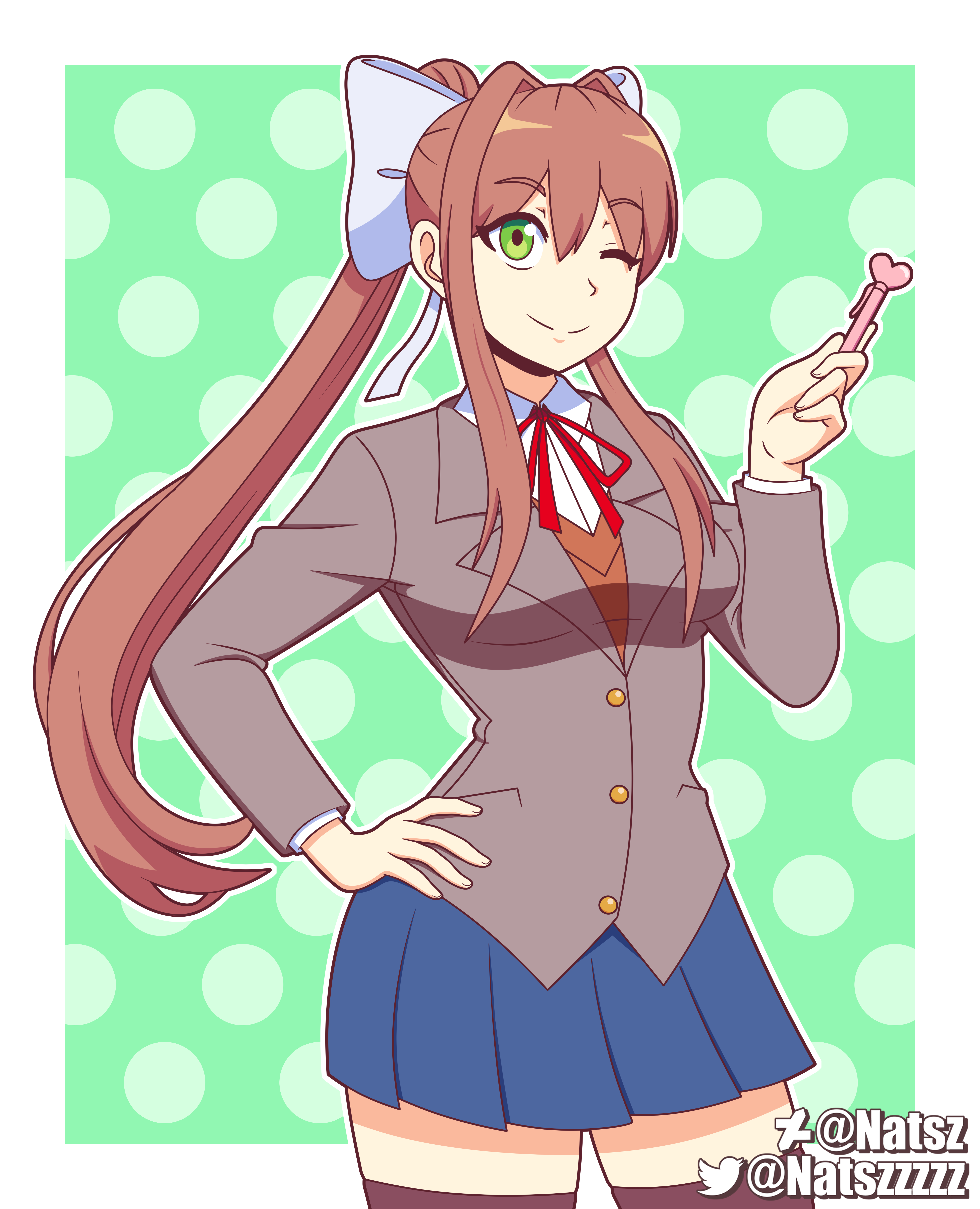 natsz (natszzzzz), monika (doki doki literature club), doki doki literature club, 1girl, artist name, blazer, bow, breasts, brown hair, deviantart logo, deviantart username, doki doki literature club school uniform, green eyes, hair bow, hair intakes, hand on own hip, holding, holding pen, jacket, one eye closed, pen, pleated skirt, polka dot, polka dot background, ponytail, ribbon, school uniform, shirt, skirt, smile, sweater, thighhighs, twitter logo, twitter username, zettai ryouiki