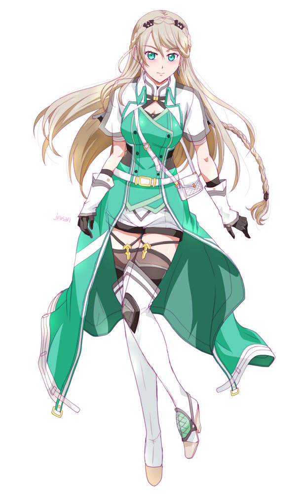 xiacheng tatsuya, elaine auclair, eiyuu densetsu, kuro no kiseki (series), 1girl, artist name, black gloves, braid, breasts, brown hair, closed mouth, coat, crown braid, floating clothes, floating hair, full body, gloves, green eyes, hair between eyes, high heels, long hair, looking at viewer, medium breasts, parted bangs, short sleeves, simple background, single braid, smile, solo, swept bangs, tachi-e, thighhighs, white background