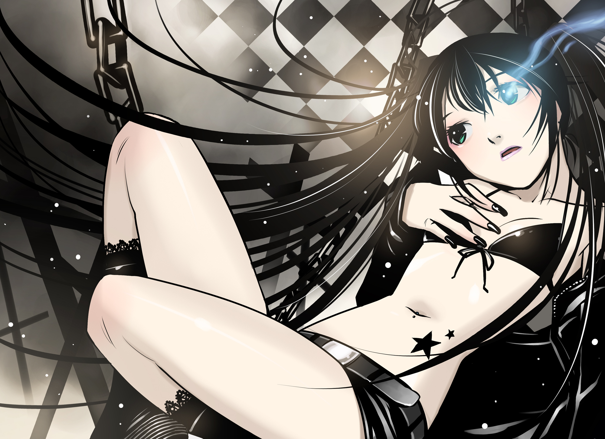 xr650r, black rock shooter (character), hatsune miku, black rock shooter, vocaloid, bad id, bad pixiv id, highres, 10s, 1girl, black hair, black nails, boots, bra, chain, detached sleeves, female focus, fingernails, glowing, glowing eye, glowing eyes, green eyes, lingerie, long fingernails, long hair, midriff, nail (hardware), nail polish, navel, navel piercing, piercing, solo, twintails, underwear