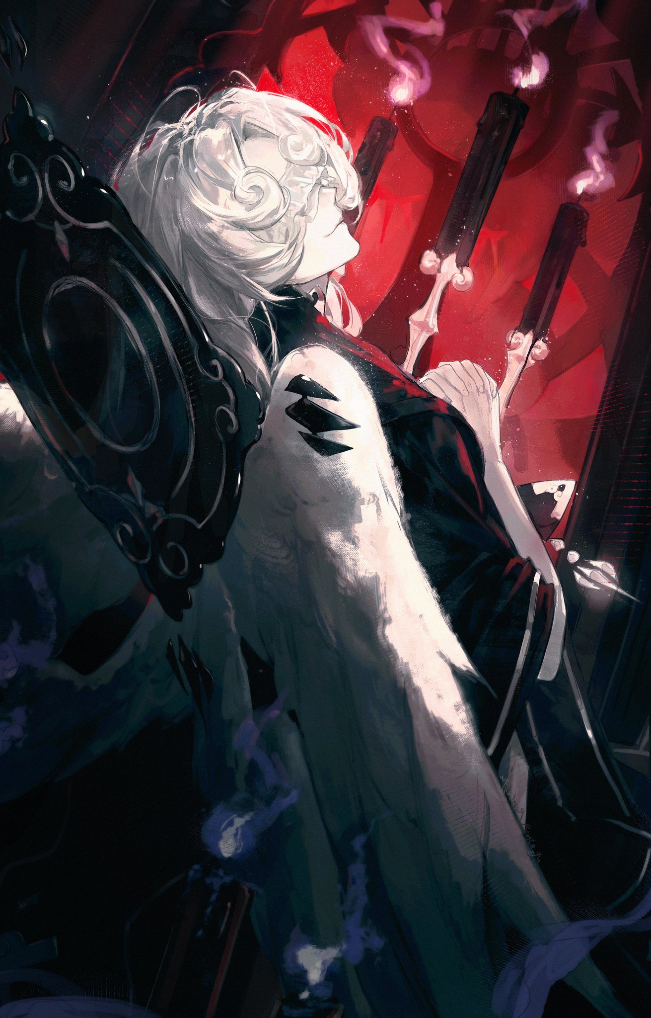 rente gu, cookie run, cookie run: kingdom, highres, 1other, angel wings, black cape, candelabra, candlelight, candlestand, cape, closed mouth, colored skin, covered eyes, doughael, grey skin, own hands together, solo, white hair, wings