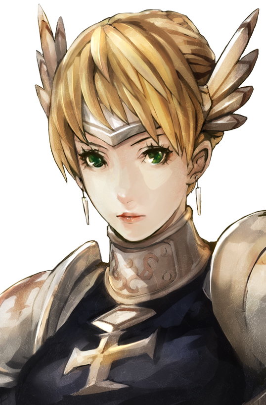 opiu, fantasy earth zero, armor, blonde hair, cross, earrings, green eyes, head wings, jewelry, short hair, solo, valkyrie, wings