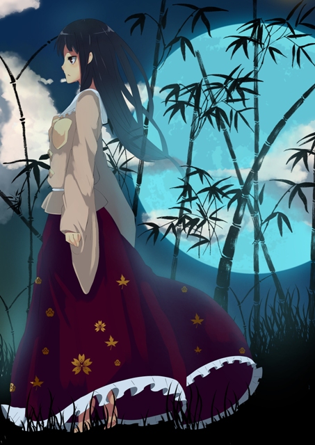 fuurin (omaemona), houraisan kaguya, touhou, bad id, bad pixiv id, 1girl, bamboo, bamboo forest, barefoot, cloud, female focus, forest, grass, hime cut, nature, outdoors, profile, sky, solo