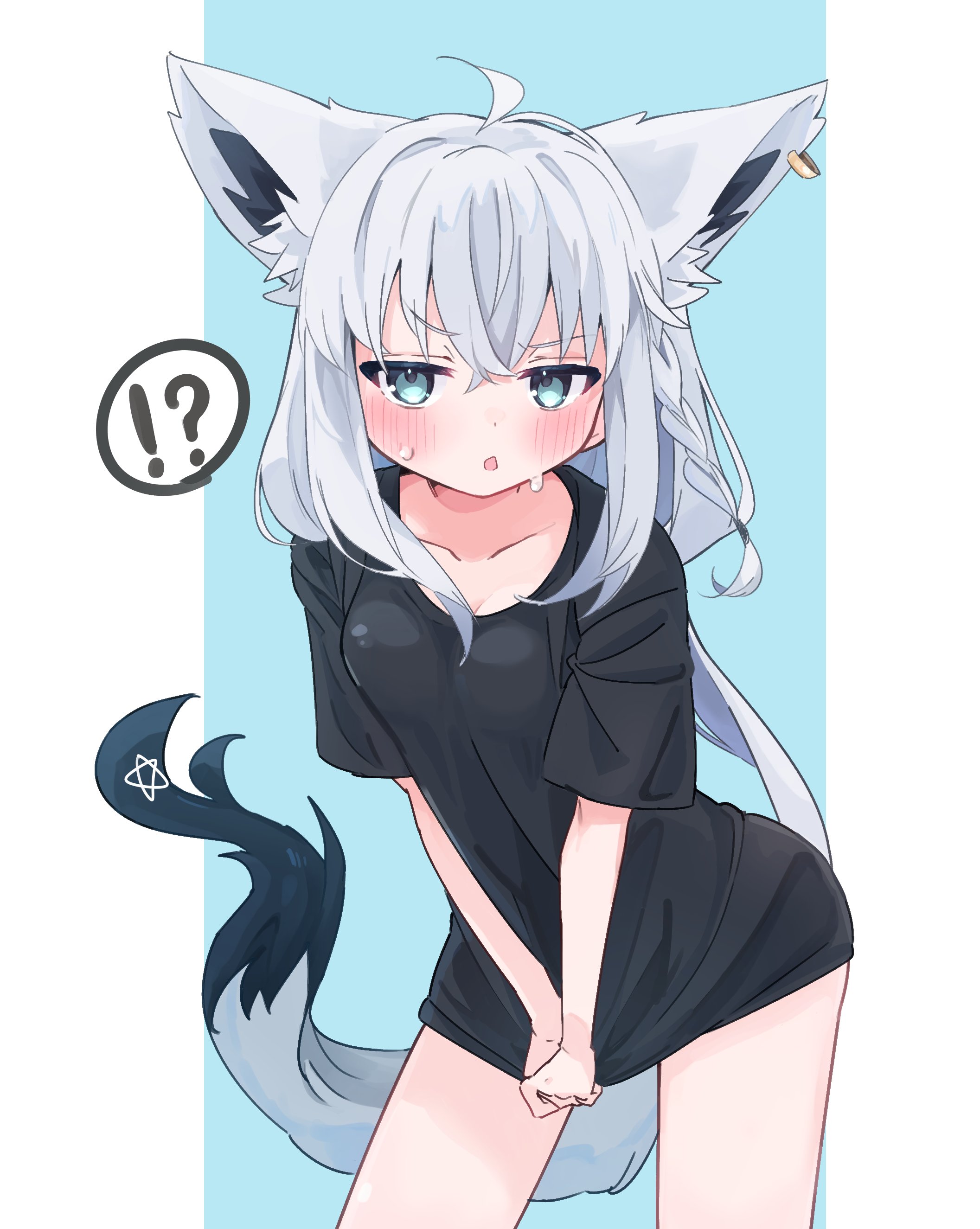 tensann3, shirakami fubuki, hololive, absurdres, highres, !?, 1girl, animal ears, aqua eyes, black shirt, blurry, blurry background, blush, braid, breasts, embarrassed, fox ears, fox girl, fox tail, long hair, looking at viewer, low ponytail, naked shirt, no pants, ponytail, shirt, shirt tug, short sleeves, side braid, simple background, small breasts, sweat, tail, two-tone background, v-shaped eyebrows, virtual youtuber, white background, white hair