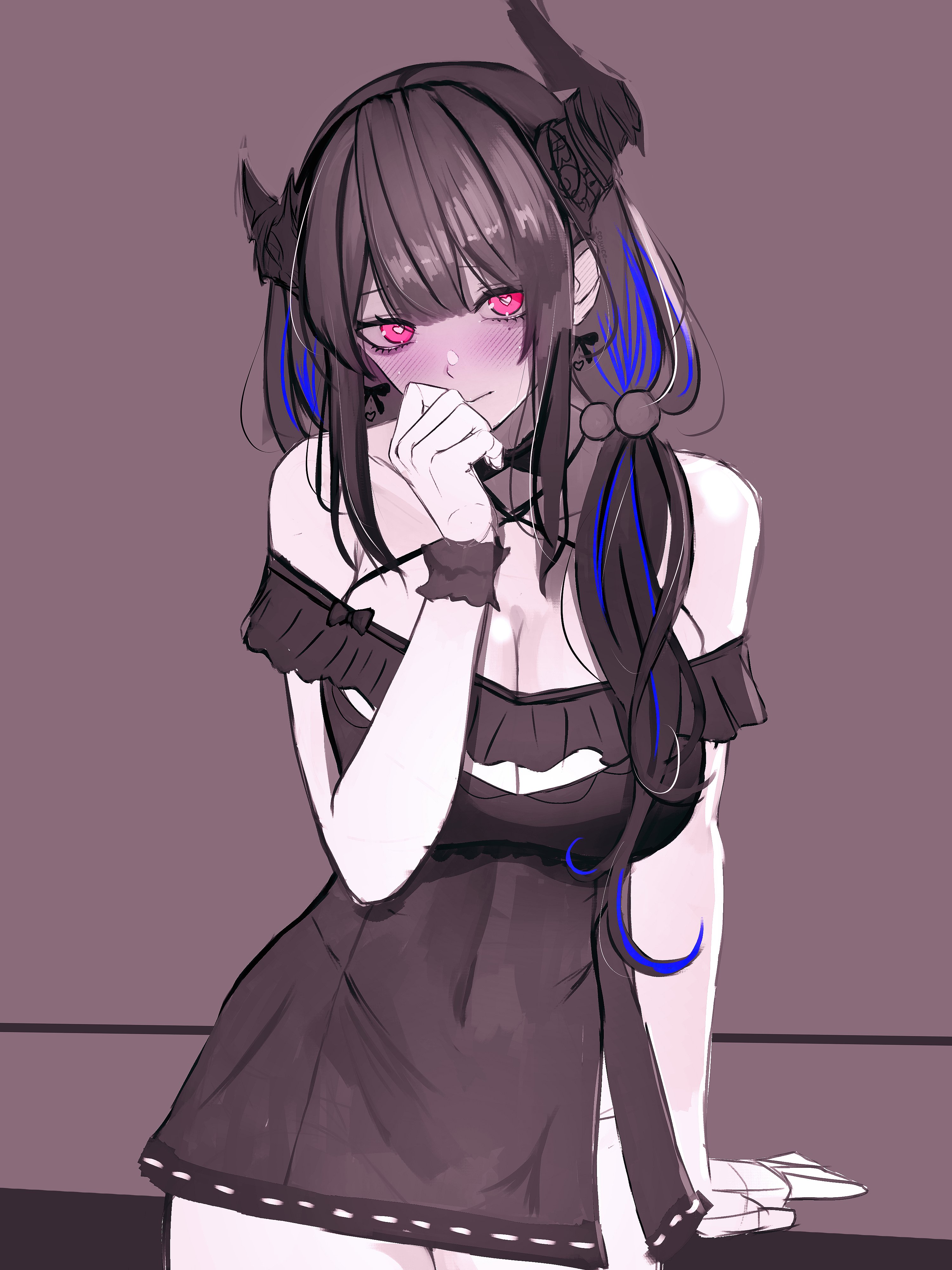 soju ice, nerissa ravencroft, hololive, hololive english, absurdres, highres, 1girl, arm at side, arm support, asymmetrical horns, bare shoulders, black dress, black hair, black wrist cuffs, blue streaks, blush, bow, bow earrings, breasts, bright pupils, brown background, center-flap bangs, cleavage, cleavage cutout, closed mouth, clothing cutout, cowboy shot, criss-cross halter, dress, earrings, embarrassed, frilled dress, frills, furrowed brow, hair bobbles, hair ornament, halter dress, halterneck, hand on own face, hand up, heart, heart-shaped pupils, horns, jewelry, large breasts, light frown, long hair, looking at viewer, low side ponytail, microdress, multicolored hair, off-shoulder dress, off shoulder, red eyes, side slit, simple background, solo, streaked hair, sweatdrop, symbol-shaped pupils, two-tone hair, uneven horns, virtual youtuber, white pupils, wrist cuffs