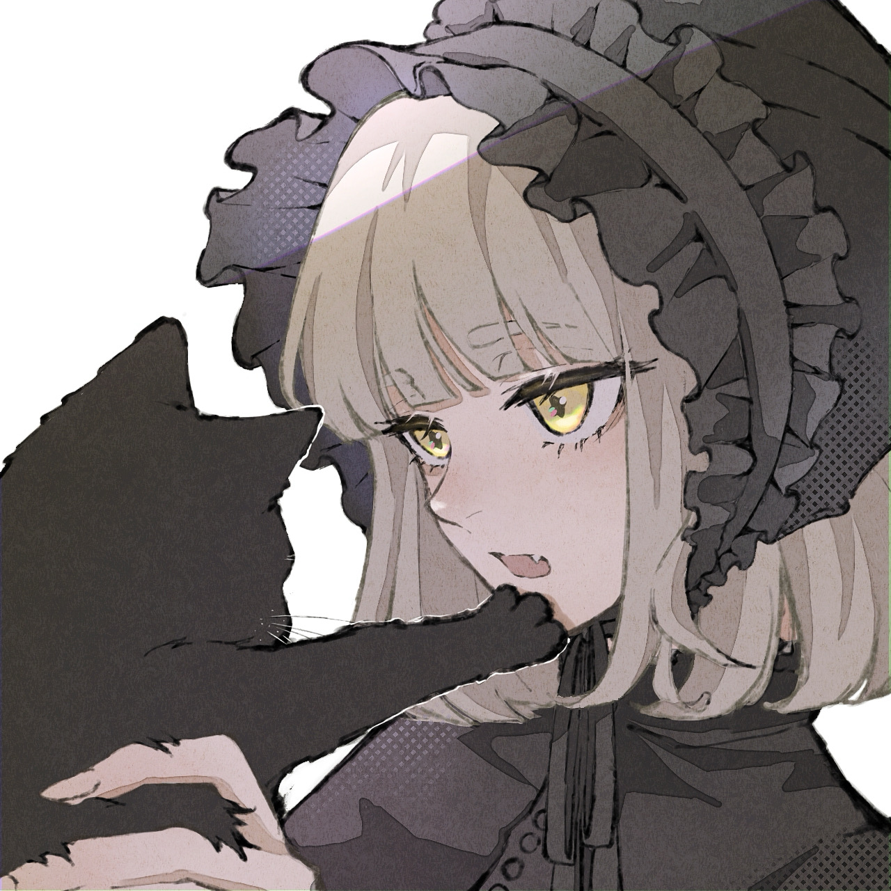 original, commentary, highres, symbol-only commentary, 1girl, animal, black bonnet, black capelet, black cat, black shirt, blonde hair, blunt bangs, bonnet, capelet, cat, chin strap, fang, fingernails, frilled bonnet, frills, gothic lolita, holding, holding animal, holding cat, lolita fashion, looking at animal, medium hair, open mouth, portrait, shirt, simple background, skin fang, solo, tamaco 3, thick eyebrows, white background, yellow eyes