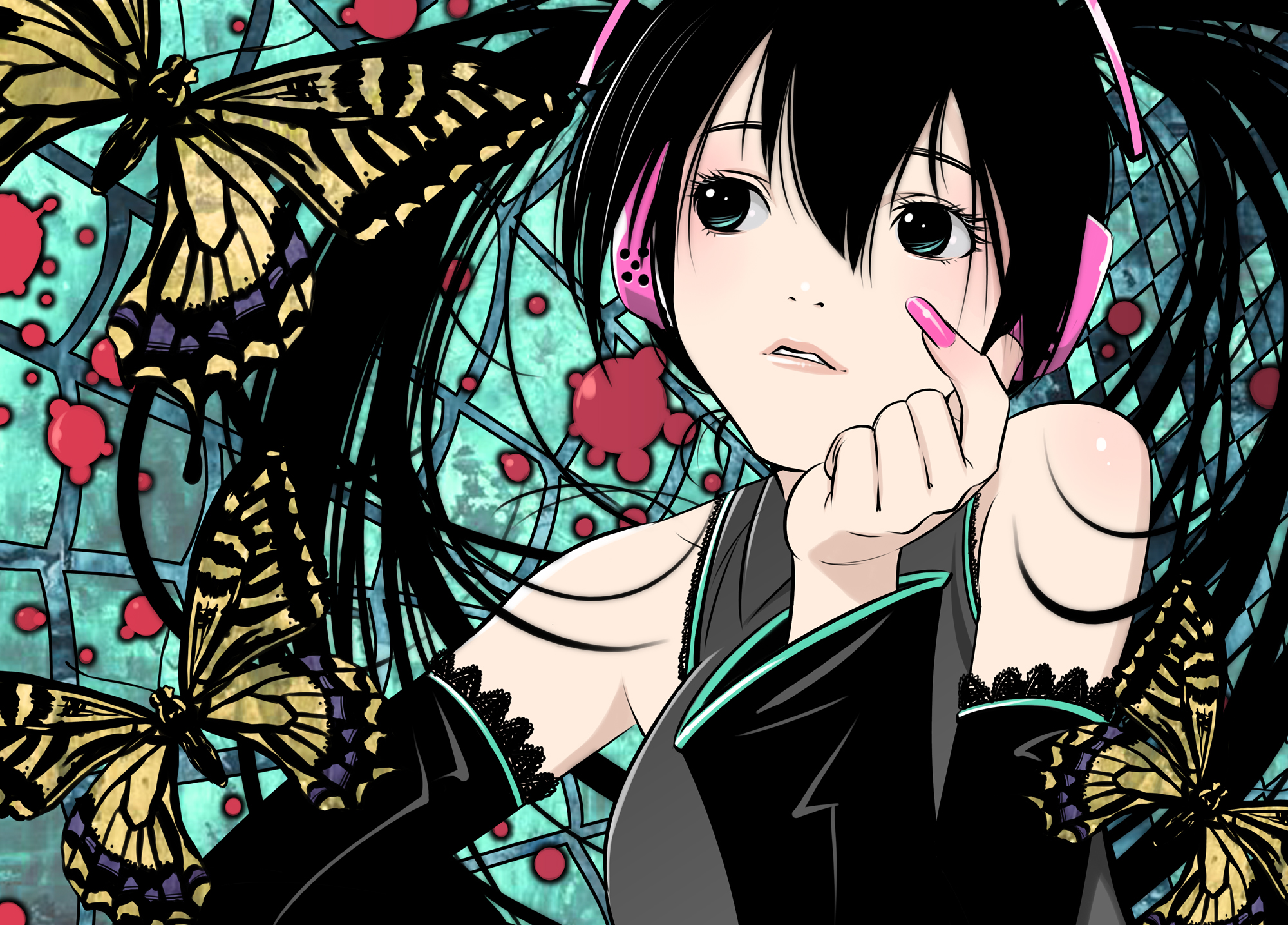 xr650r, hatsune miku, vocaloid, highres, 1girl, black hair, bug, butterfly, detached sleeves, female focus, fingernails, green eyes, headphones, insect, long fingernails, long hair, nail (hardware), nail polish, pink nails, shirt, sleeveless, sleeveless shirt, solo, twintails