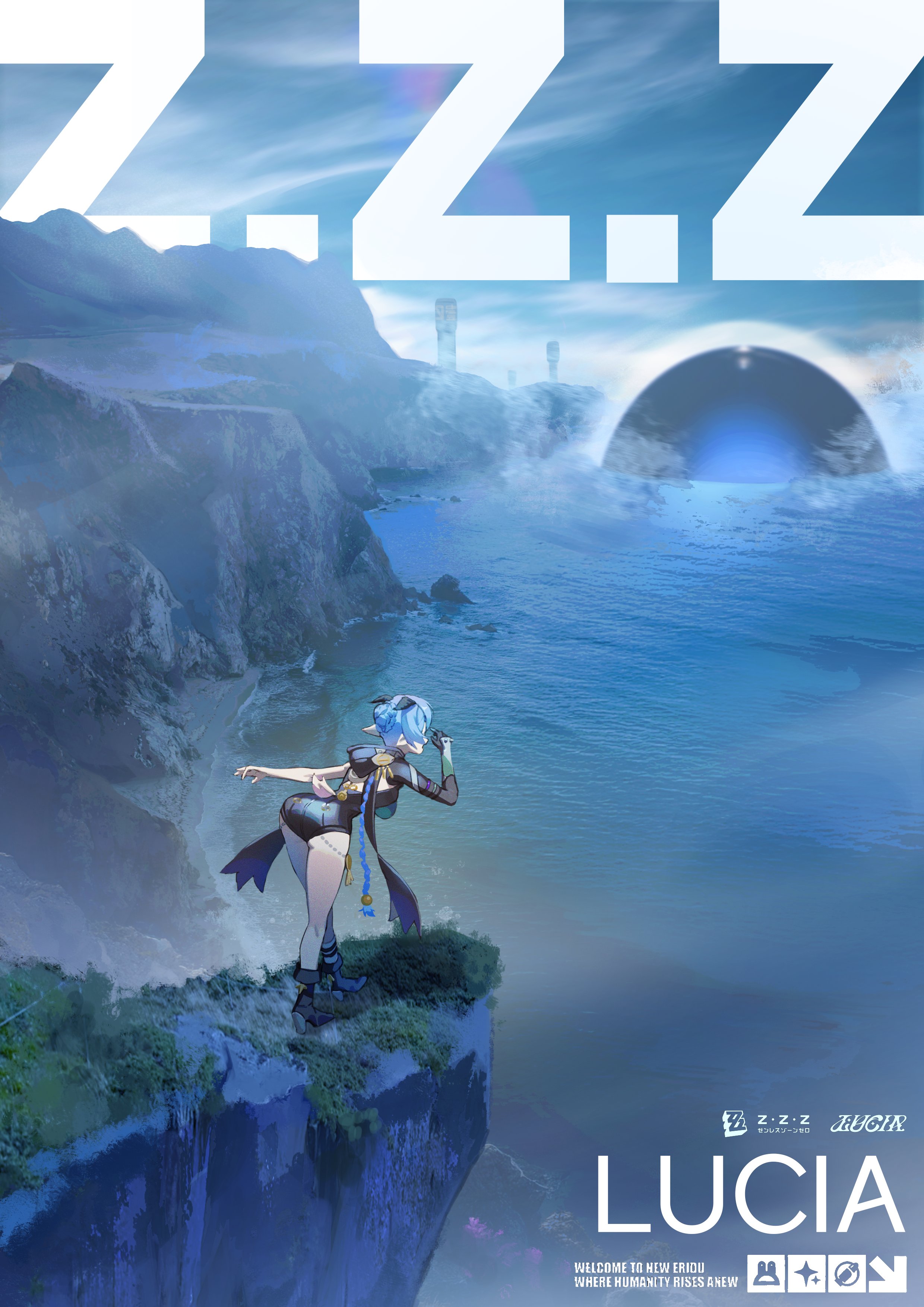 youusun (cosachain), lucia elowen, zenless zone zero, braided twintails, absurdres, highres, 1girl, accessories, ass, black boots, black unitard, blue hair, blue sky, boots, braid, character name, cliff, english text, goat, goat girl, goat horns, goat tail, grass, hand up, hollow (zenless zone zero), hood, horns, leaning forward, long hair, looking afar, medallion, mountain, ocean, outdoors, pointy ears, rock, single sleeve, sky, solo, tail, twintails, water