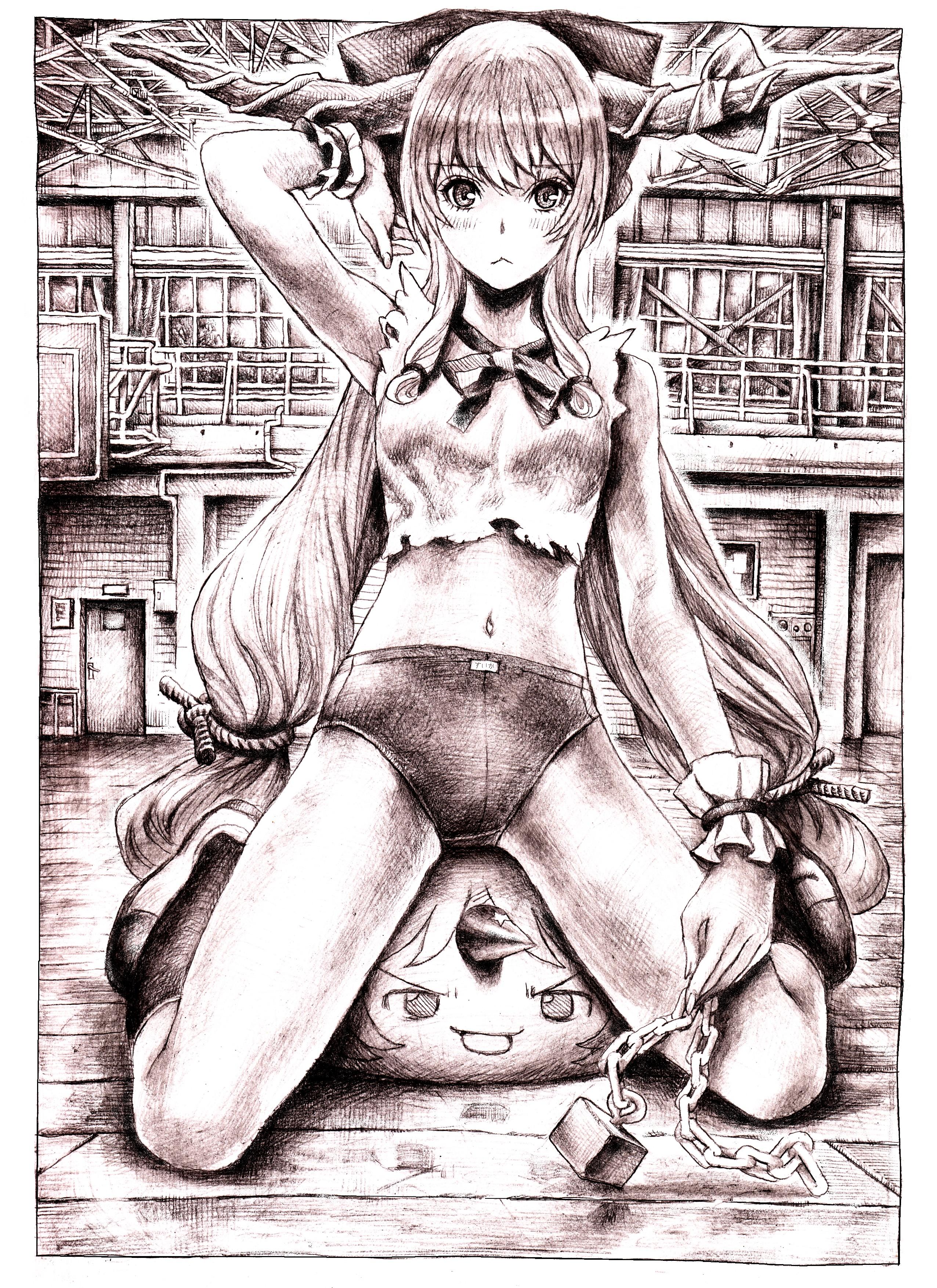 nobita (makoto7060355), hoshiguma yuugi, ibuki suika, touhou, absurdres, highres, traditional media, 2girls, :<, buruma, chain, female focus, flat chest, full body, gym uniform, horns, indoors, midriff, monochrome, multiple girls, pink theme, shirt, single horn, star (symbol), torn clothes, torn shirt, yukkuri shiteitte ne