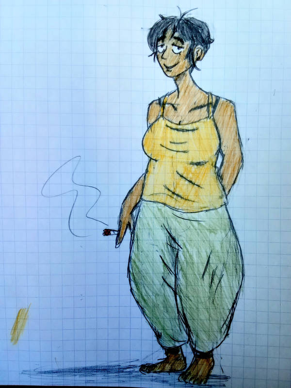 original, non-web source, barefoot, black hair, breasts, dark-skinned female, dark skin, joint (drug), large breasts, pants, short hair, smile, smoking, tank top, thick eyebrows