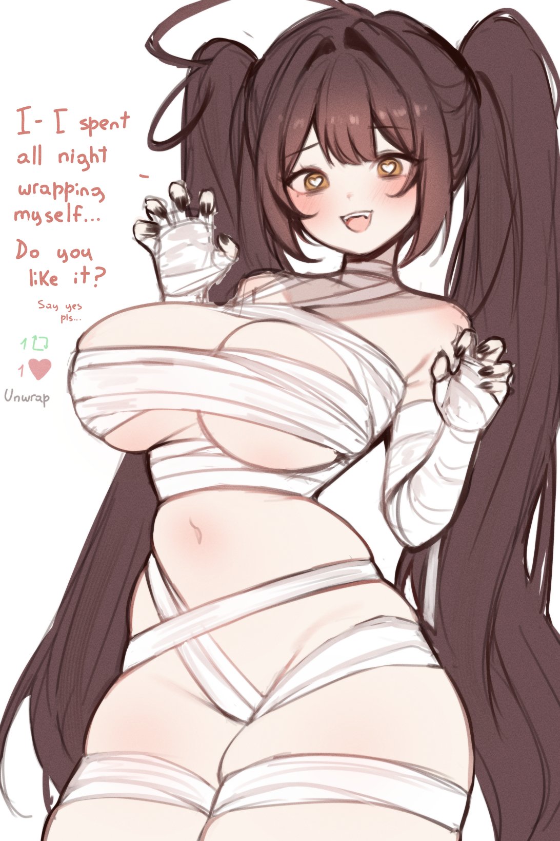 sky above me, sky above me (vtuber), indie virtual youtuber, commentary, english commentary, highres, 1girl, ahoge, bandaged arm, bandaged chest, bandaged hand, bandaged leg, bandages, black nails, blush, breasts, brown eyes, brown hair, claw pose, english text, fingernails, hair intakes, heart, heart ahoge, heart in eye, large breasts, long hair, looking at viewer, mummy costume, nail polish, naked bandage, navel, open mouth, simple background, skindentation, smile, solo, stomach, symbol in eye, teeth, thighs, twintails, upper teeth only, virtual youtuber, white background