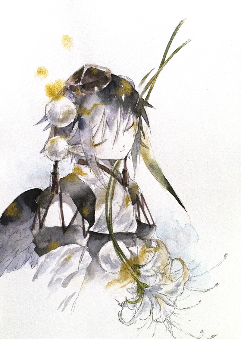 ikeda ruriko, shameimaru aya, touhou, 1girl, closed eyes, detached sleeves, feathered wings, flower, medium hair, pointy ears, pom pom (clothes), sleeveless, solo, spot color, wings