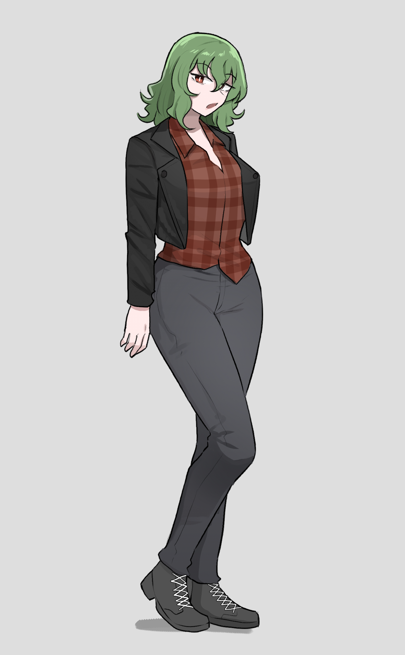 mata (matasoup), kazami yuuka, touhou, commentary, commission, english commentary, highres, 1girl, black jacket, black pants, black shoes, full body, green hair, grey background, jacket, pants, plaid clothes, plaid shirt, red eyes, red shirt, shirt, shoes, short hair
