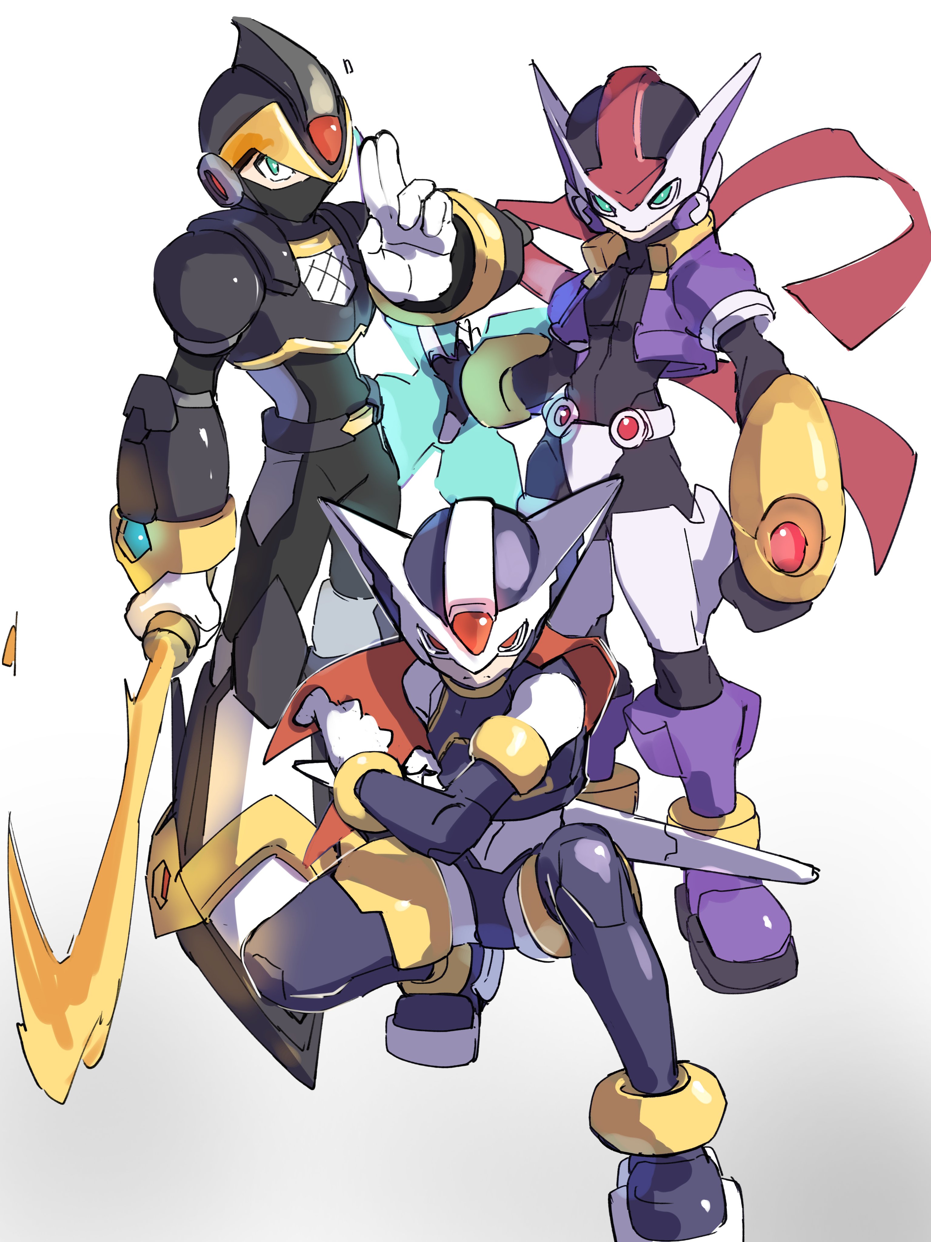 omochi (mochi skymega), hidden phantom (mega man), model px (mega man), shadow armor x (mega man), vent (mega man), x (mega man), mega man (series), mega man x (series), mega man zero (series), mega man zx, absurdres, highres, 3boys, armor, black armor, black helmet, clenched hand, covered mouth, full body, green eyes, group picture, helmet, holding, holding sword, holding weapon, in-franchise crossover, kuji-in, male focus, mask, mouth mask, multiple boys, purple armor, purple helmet, red eyes, red scarf, scarf, shuriken, simple background, sword, weapon, white background