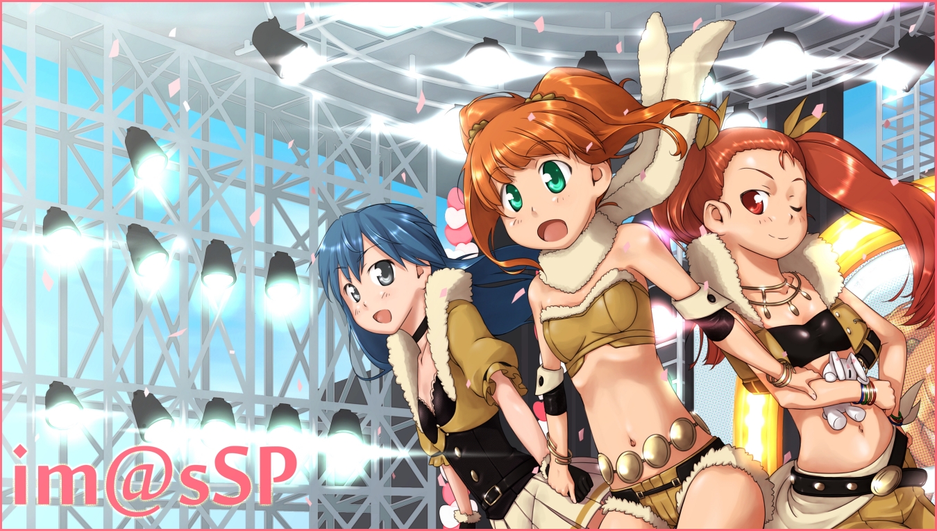 ttomm, 961 production, ganaha hibiki, hoshii miki, kisaragi chihaya, minase iori, shijou takane, takatsuki yayoi, idolmaster, idolmaster (classic), idolmaster sp, live for venus, 3girls, bracelet, choker, cosplay, ganaha hibiki (cosplay), gloves, holding hands, hoshii miki (cosplay), jewelry, multiple girls, navel, necklace, rabbit, ribbon, shijou takane (cosplay), skirt, stuffed animal, stuffed rabbit, stuffed toy, twintails