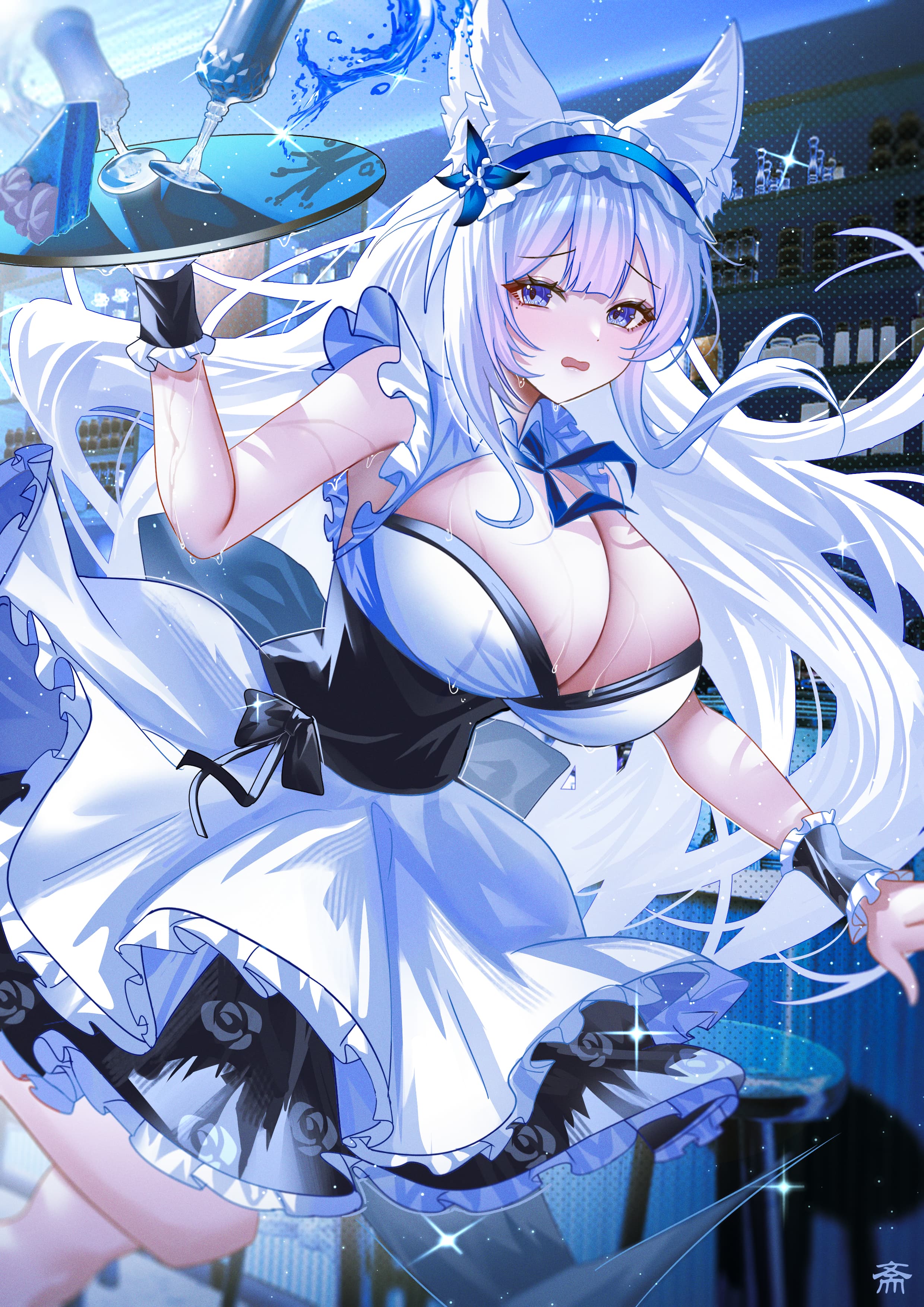 tansuan (ensj3875), shinano (azur lane), azur lane, absurdres, commentary, highres, 1girl, alternate costume, animal ear fluff, animal ears, arms up, artist logo, blue eyes, breasts, cake, cake slice, cleavage, clumsy, cup, dress, drinking glass, floating hair, food, fox ears, fox girl, frilled dress, frilled hairband, frilled wrist cuffs, frills, furrowed brow, glint, hairband, holding, holding tray, indoors, large breasts, light particles, logo, long hair, looking at viewer, open mouth, peanut mouth, shelf, sleeveless, sleeveless dress, solo, stool, thighs, tray, very long hair, waitress, white dress, white hair, wrist cuffs