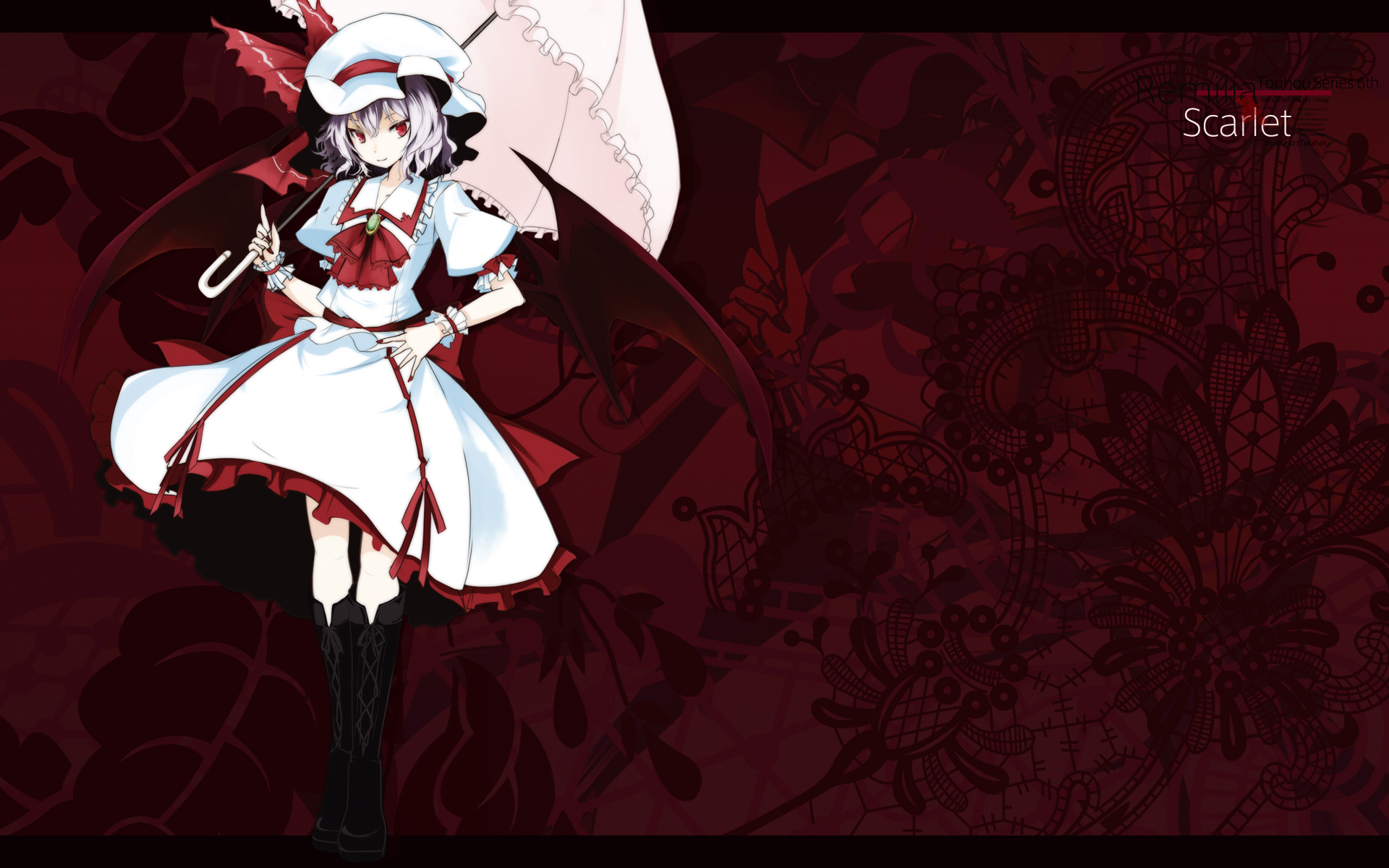 hiiragi ryou, takaharu, remilia scarlet, touhou, highres, 1girl, bat wings, boots, female focus, hat, nail polish, parasol, purple hair, red eyes, skirt, solo, umbrella, wings, wrist cuffs