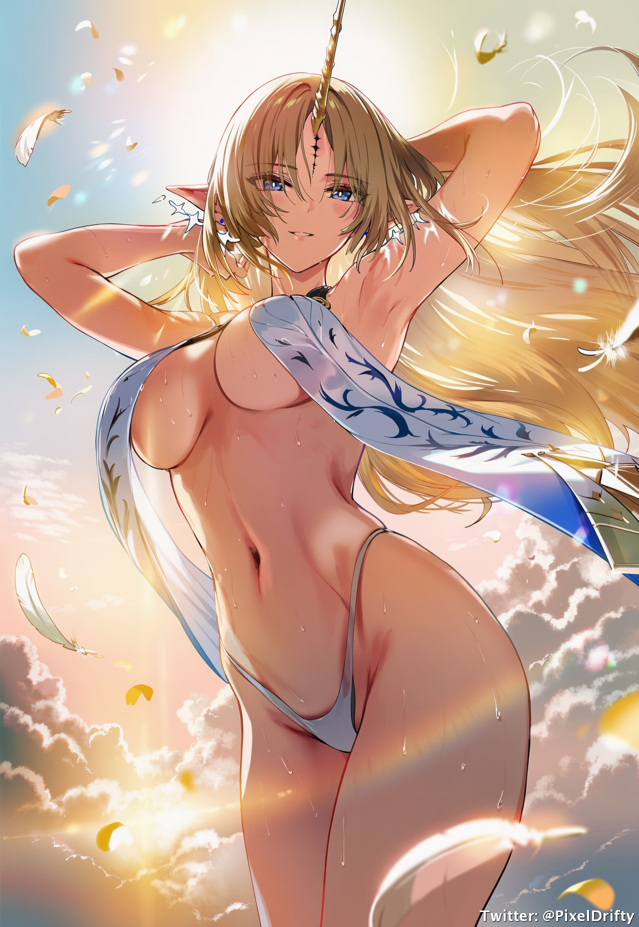 pixeldrift88, fleurdelys (wuthering waves), wuthering waves, 1girl, arm behind head, armpits, arms up, blue eyes, blush, breast curtains, breasts, breasts apart, cloud, cowboy shot, feathers, floating hair, groin, horns, long hair, navel, panties, panty straps, parted bangs, parted lips, pointy ears, single horn, sky, smile, solo, standing, sweat, thong, twitter username, underwear, white panties
