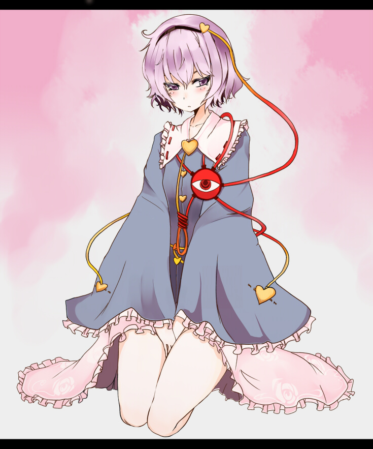 takaharu, komeiji satori, touhou, 1girl, between thighs, blush, eyeball, female focus, hairband, heart, kneeling, letterboxed, purple eyes, purple hair, short hair, solo, thighs