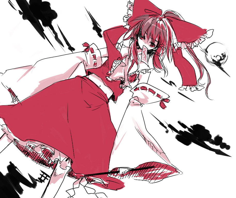 shiina aya, hakurei reimu, touhou, 1girl, blouse, female focus, hair between eyes, japanese clothes, legs apart, miko, navel, outdoors, partially colored, ponytail, red shirt, shirt, sketch, skirt, sky, solo, standing, torii, white background