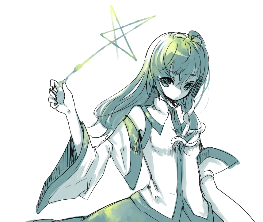 shiina aya, kochiya sanae, touhou, 1girl, detached sleeves, female focus, frog hair ornament, green eyes, green hair, hair ornament, long hair, matching hair/eyes, monochrome, snake hair ornament, solo, white background