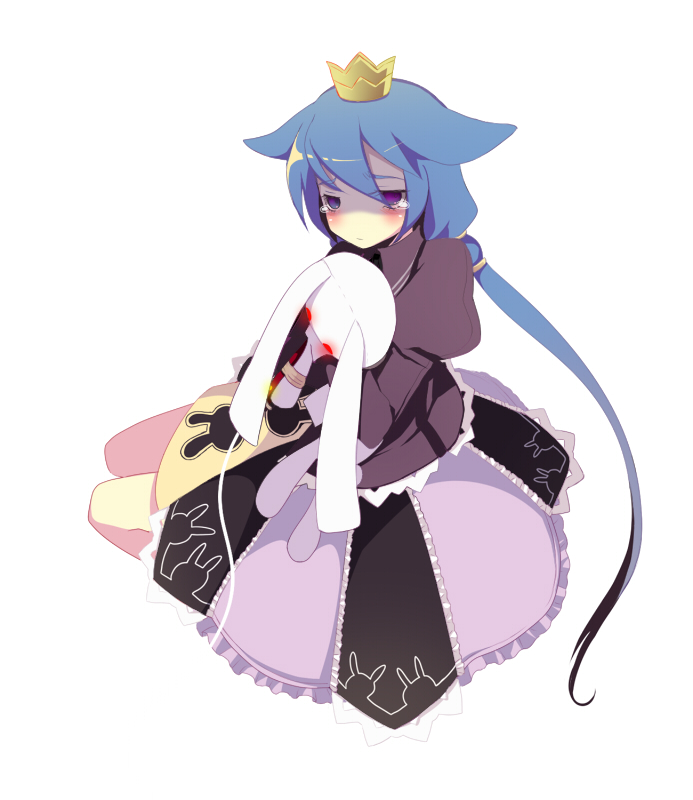 harano, momomeno (7th dragon), princess (7th dragon), 7th dragon, 7th dragon (series), 1girl, animal ears, blue hair, blush, braid, cat ears, crown, dress, female focus, glowing, glowing eyes, long hair, purple eyes, rabbit, sitting, solo, very long hair