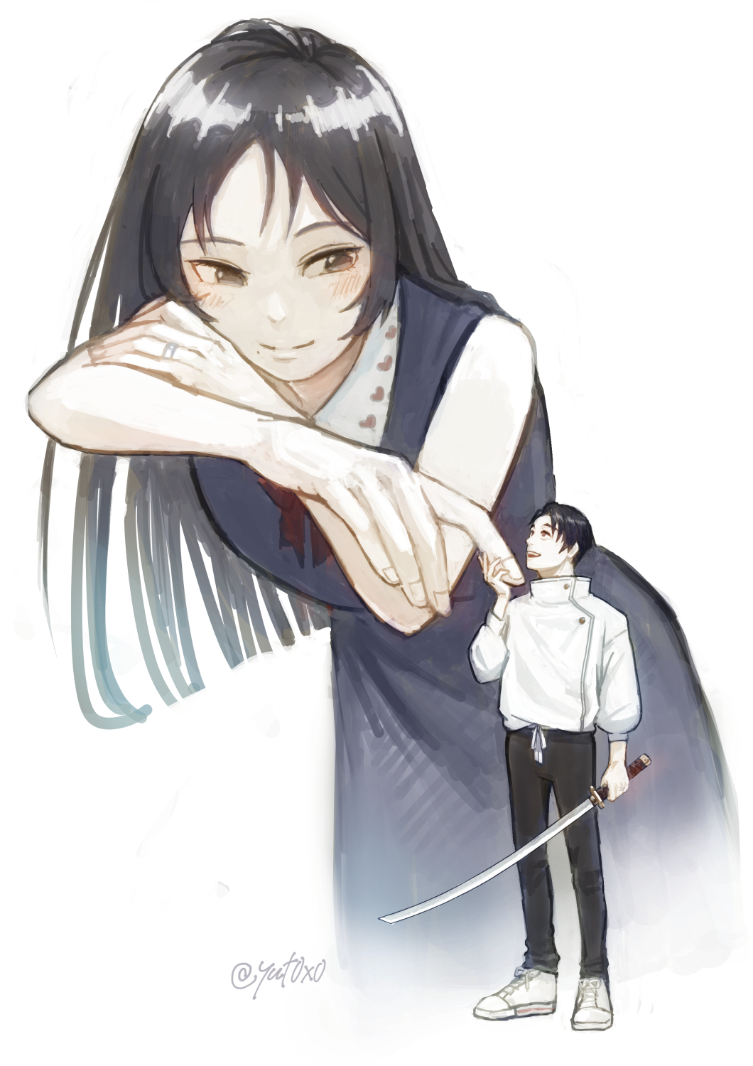 okkotsu yuuta, orimoto rika, jujutsu kaisen, highres, black hair, black pants, blue dress, blush, brown eyes, dress, giant, giantess, holding, holding sword, holding weapon, jacket, long hair, pants, short hair, signature, sleeveless, sleeveless dress, smile, sword, upper body, weapon, white background, white jacket, yuto (yut0x0)