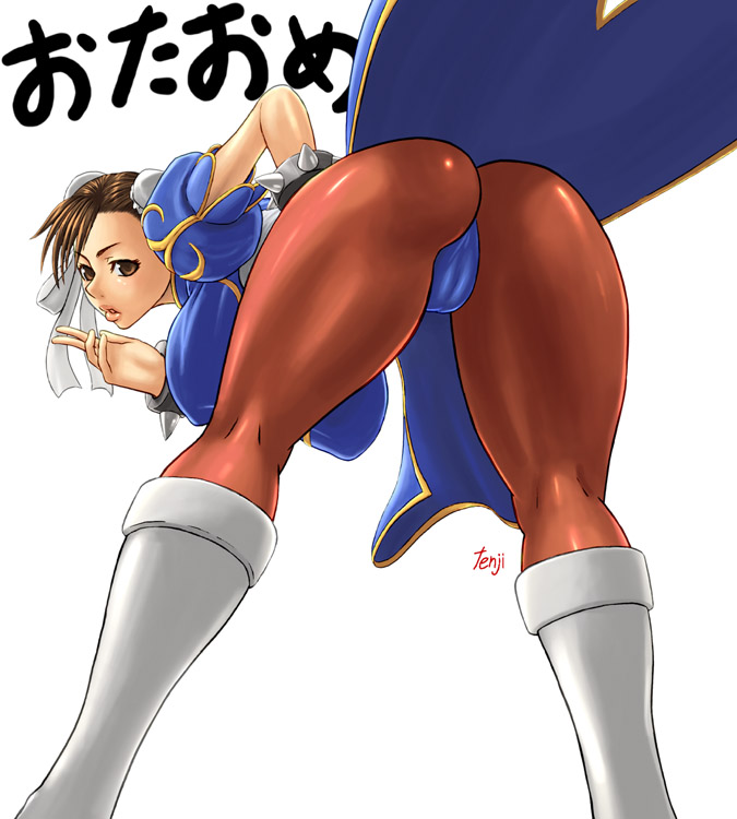 tenji, chun-li, capcom, street fighter, 1girl, ass, bent over, bracelet, brown eyes, brown hair, bun cover, cameltoe, china dress, chinese clothes, double bun, dress, female focus, hair bun, jewelry, legs, panties, pantyhose, pantyshot, pelvic curtain, solo, spiked bracelet, spikes, thighs, underwear, view between legs