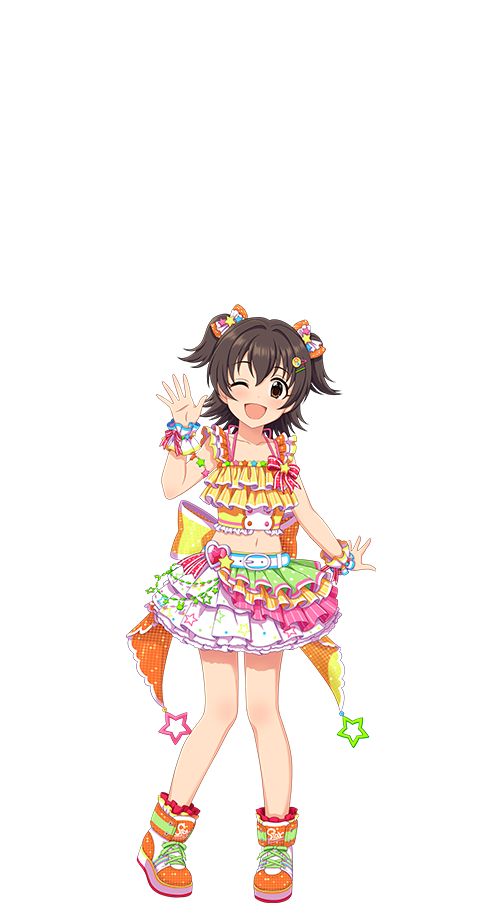 akagi miria, idolmaster, idolmaster cinderella girls, idolmaster cinderella girls starlight stage, official art, 1girl, belt, boots, bow, brown eyes, brown hair, full body, hair bow, hair ornament, hairclip, hand up, heart, idol clothes, navel, one eye closed, open mouth, skirt, solo, star (symbol), transparent background, twintails, wrist cuffs