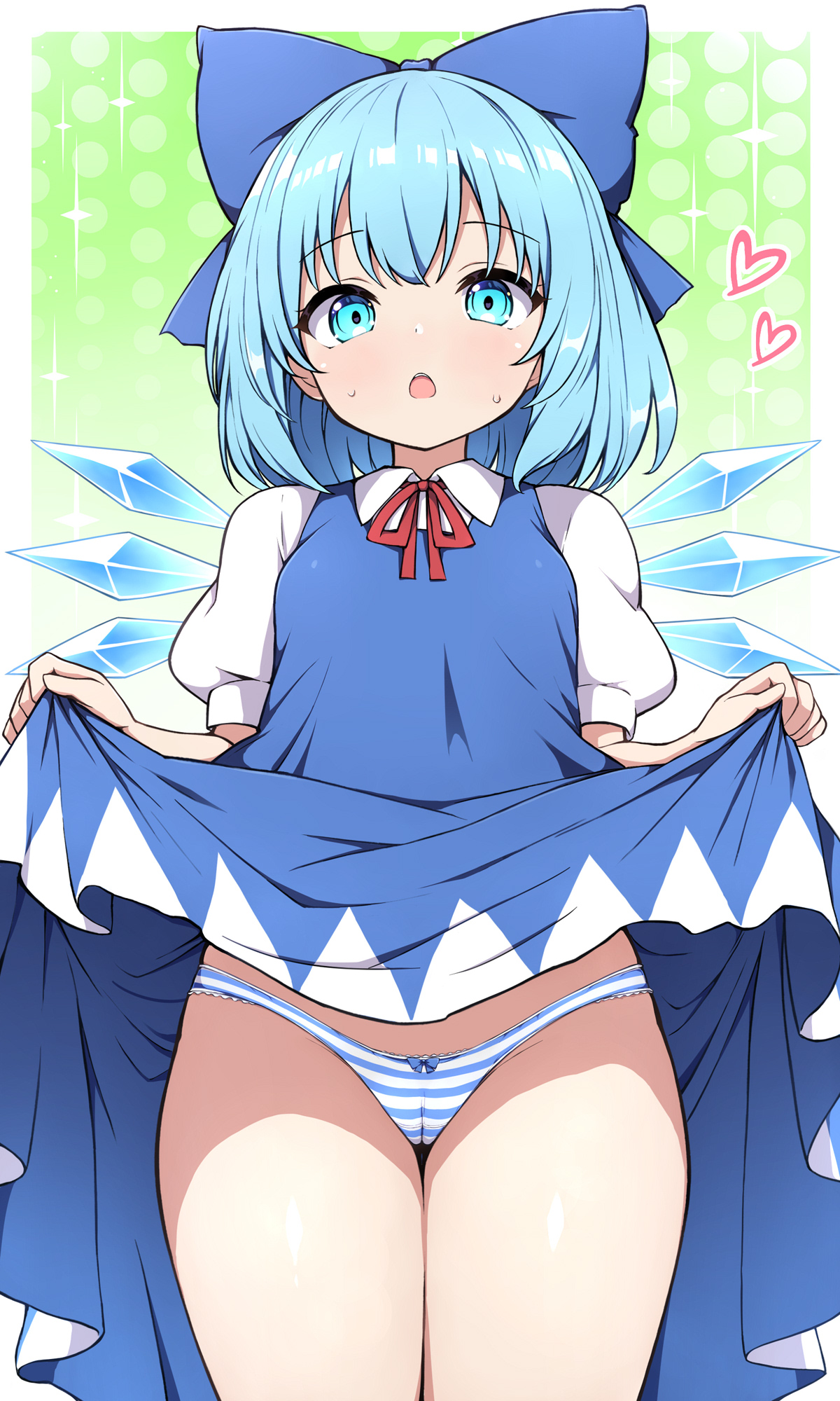 rizento, cirno, touhou, commentary request, highres, 1girl, blue dress, blue eyes, blue hair, blue wings, cameltoe, clothes lift, dress, dress lift, gradient background, green background, heart, ice, ice wings, lifting own clothes, open mouth, panties, polka dot, polka dot background, short hair, solo, striped clothes, striped panties, underwear, wings