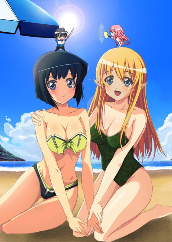 sahare, hiraga saito, louise francoise le blanc de la valliere, siesta (zero no tsukaima), tiffania westwood, zero no tsukaima, bad id, bad pixiv id, 00s, 1boy, 3girls, alternate costume, bare arms, bare legs, bare shoulders, barefoot, beach, bikini, black hair, blonde hair, blue eyes, blush, bob cut, breasts, chibi, cleavage, closed mouth, cloud, collarbone, couple, day, elf, eyebrows hidden by hair, green bikini, green one-piece swimsuit, hair between eyes, holding hands, large breasts, looking at another, looking at viewer, midriff, multiple girls, neck, one-piece swimsuit, outdoors, pink hair, pointy ears, sand, shadow, sidelocks, sky, smile, straight hair, strapless, strapless bikini, strapless one-piece swimsuit, sun, swimsuit, thick thighs, thighs, yuri